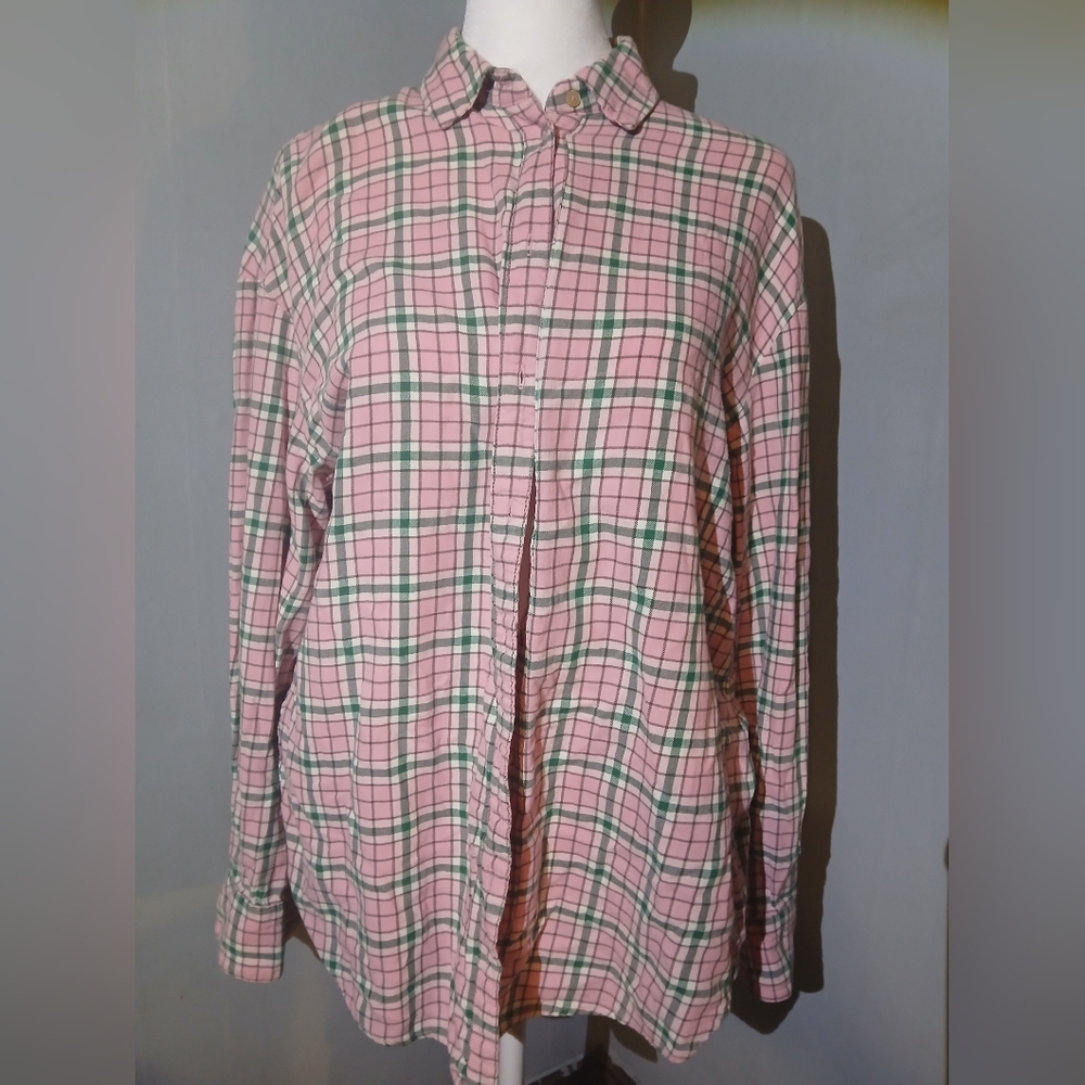 H&M Pink & Green Plaid Button‑Down Shirt – Size 4 – Like New